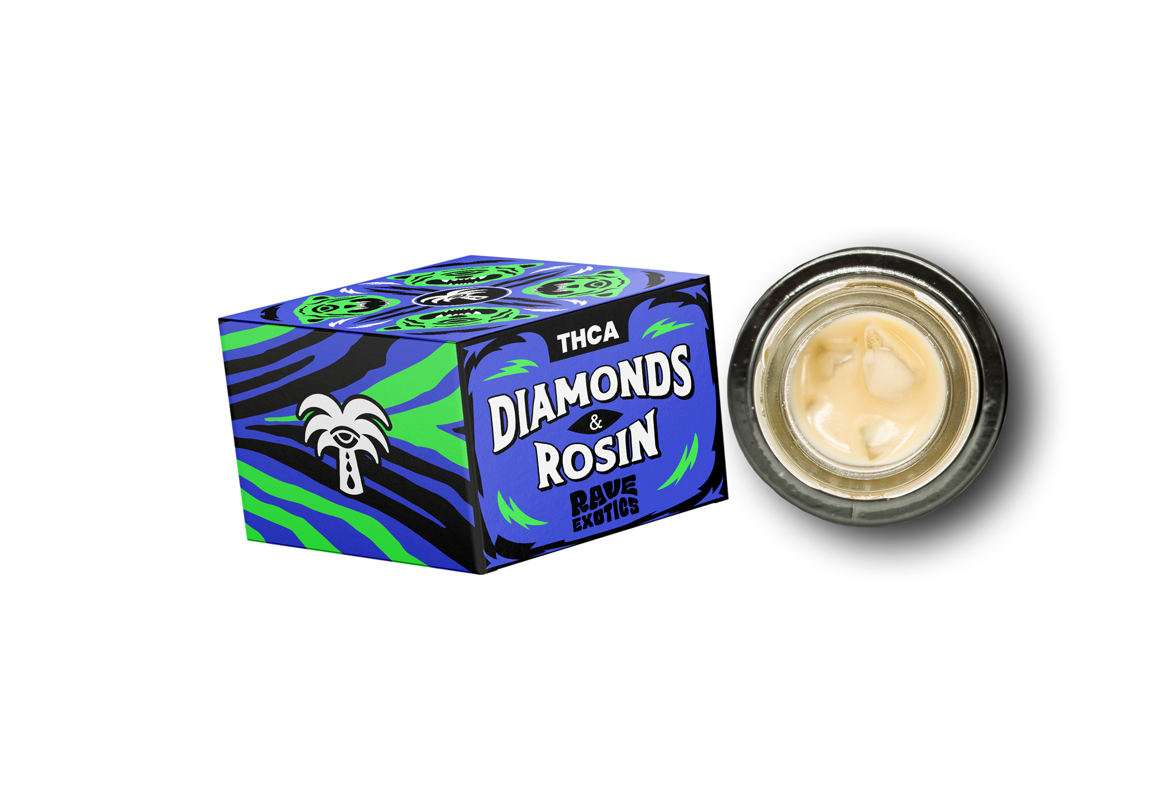 tropical blue and green packaging of rave exotics THCA diamond and rosin